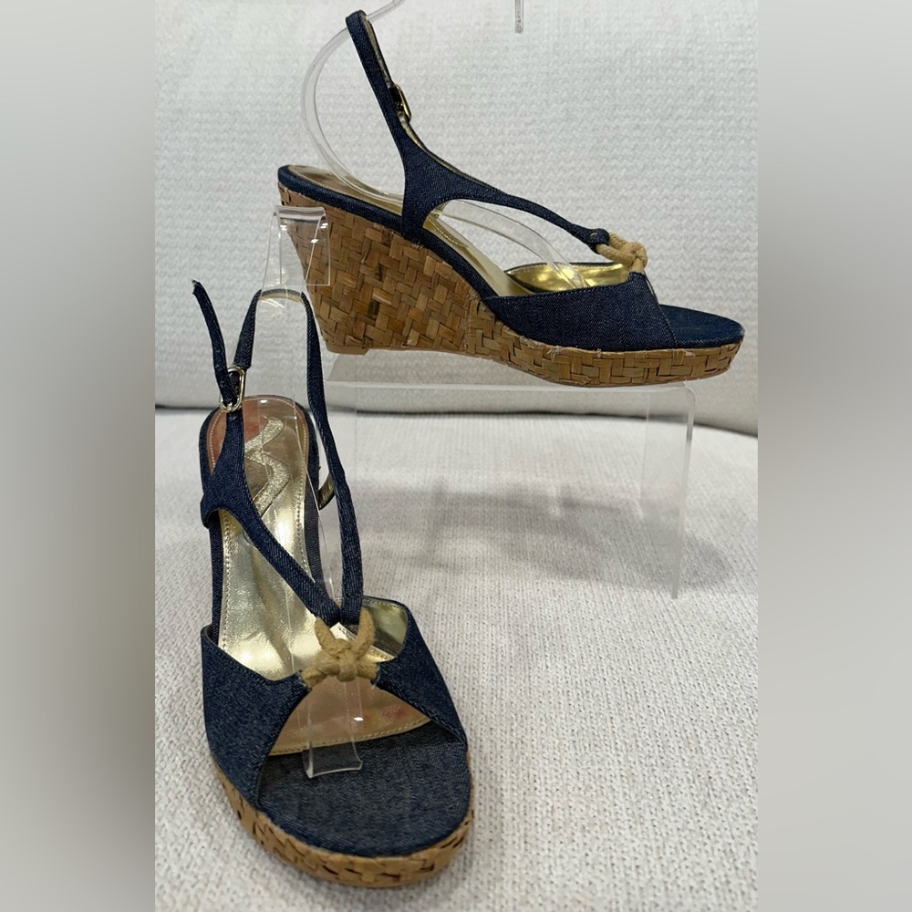 New Nina Denim Wedge Sandals with Braided Straw Wedge Bottoms~Size 7.5